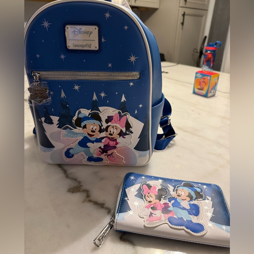 BRAND NEW WITH TAGS. Loungefly Mickey & Minnie Mouse Winter backpack and wallet